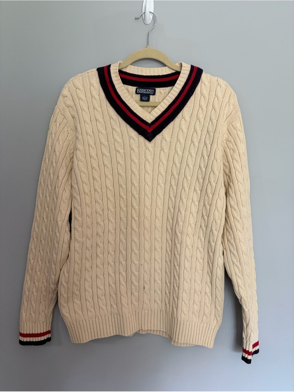 Vtg LANDS END Cable Knit Sweater Men’s L 42-44 V-Neck Preppy Academia Striped